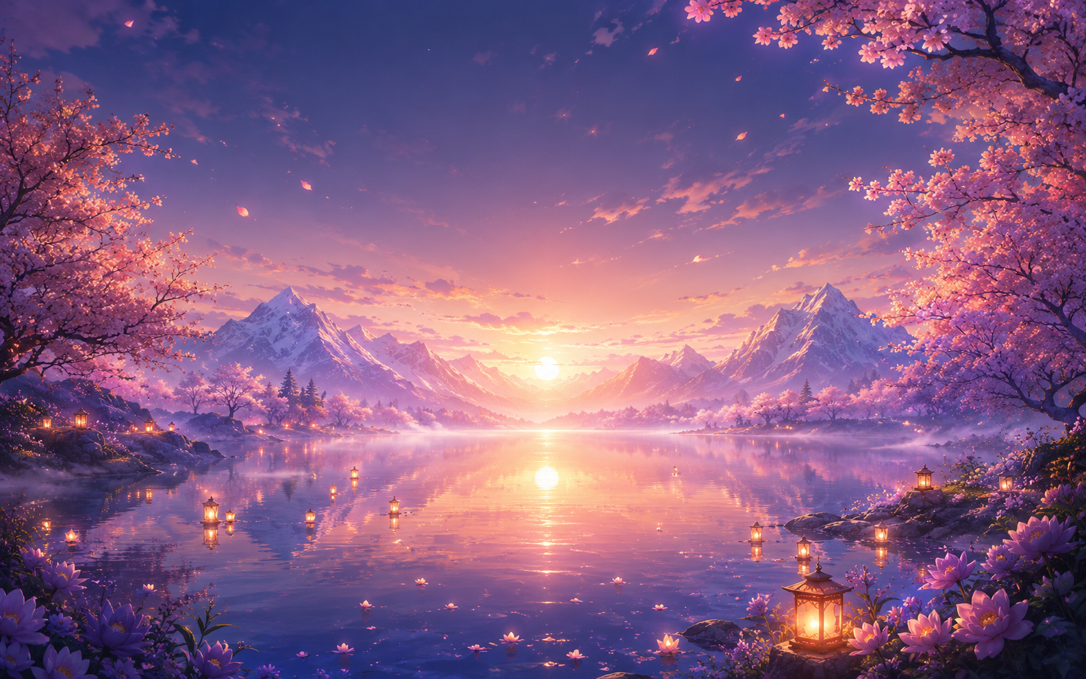 A luminous cherry blossom lake at sunrise for Comfort Zone