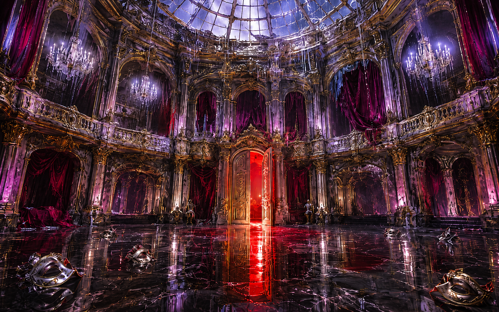 A red-lit doorway inside a dark gothic opera hall for Dark Thrills