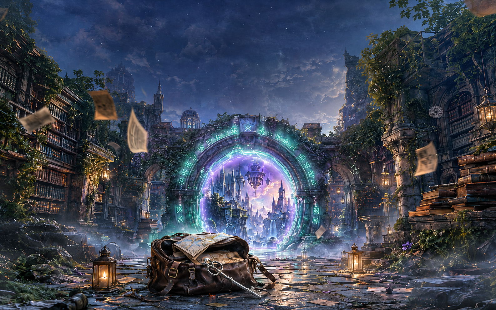 A glowing magical portal in an ancient library courtyard for Fantasy Portal